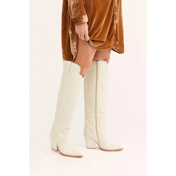 Free People Deja Over-the-Knee Boots Cream Faux Lizard Size 7 - Picture 1 of 5